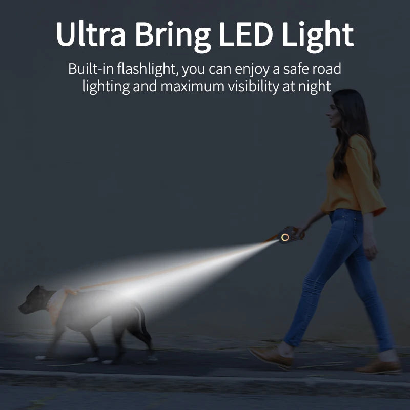 5M Retractable LED Dog Leash — Glowing Light for Safe Night Walks | Automatic & Comfortable Grip